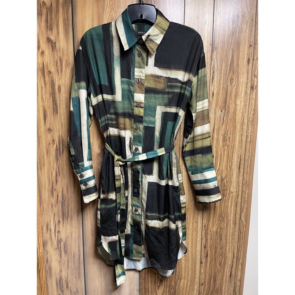 Banana Republic Womens Dress XS Silky Brush Stokes Olive Black Belt Shirt Dress